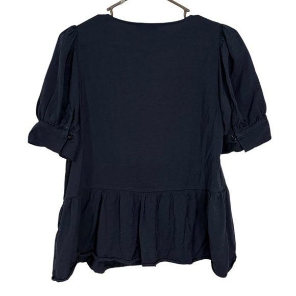 Madewell Navy Peplum Button Front Puff Sleeve Blouse Size M Viscose Top - Picture 5 of 7